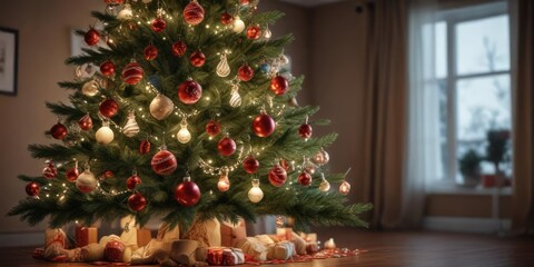 A decorated Christmas tree with lights and ornaments, holiday decor, , ornaments