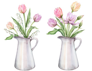 Pastel multi-colored bud bouquet Tulips and lily of the valley in metal can watercolor illustration isolated on background. Hand drawn pink yellow purple flower for spring wedding design or card.