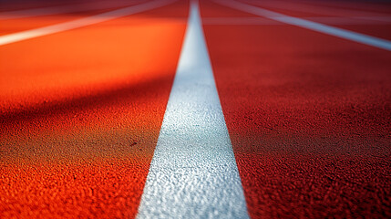 Close-up view background of red running track with white lanes at athletic facility. Generative AI