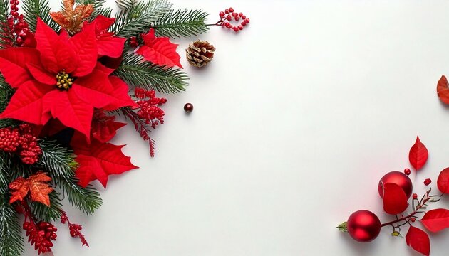 Christmas decoration. Frame of flowers of red poinsettia, branch