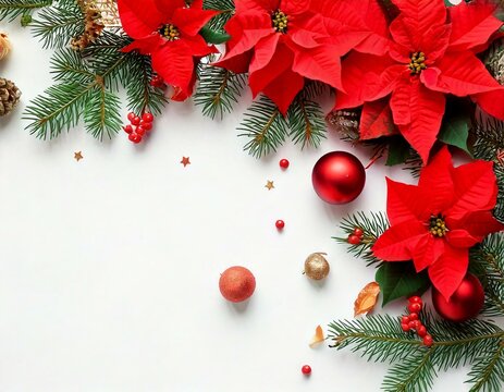 Christmas decoration. Frame of flowers of red poinsettia, branch