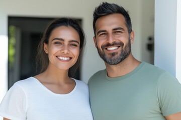 Obraz premium A man and woman are smiling for the camera. The man is wearing a green shirt and the woman is wearing a white shirt. They are standing next to a white wall