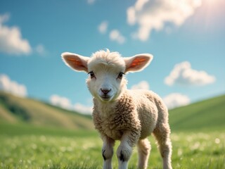 Adorable lamb in sunlit pasture under blue sky with clouds