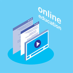 Isometric Vector Illustration Representing Online Education with Video Tutorial and Web Pages for Digital Learning and Virtual Classroom Experiences