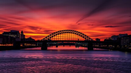 Naklejka premium Fiery sunset over Tyne Bridge.