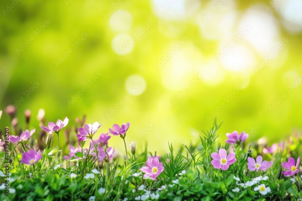 Poster beautiful blooming flowers in a green field creating a vibrant natural backdrop for text or messages