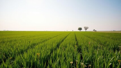 Obraz premium A field of green grass stretching towards a distant horizon line with a few trees and flowers scattered throughout, open space, natural light