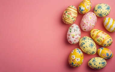 Fototapeta premium Pretty Pastel Easter Eggs Pink Background Spring Holiday