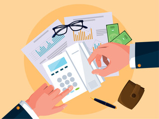 Vector image of hands handling accounting documents on a yellow background