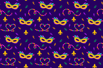 Seamless Mardi Gras pattern with colorful masks beads and fleurdelis on a dark background