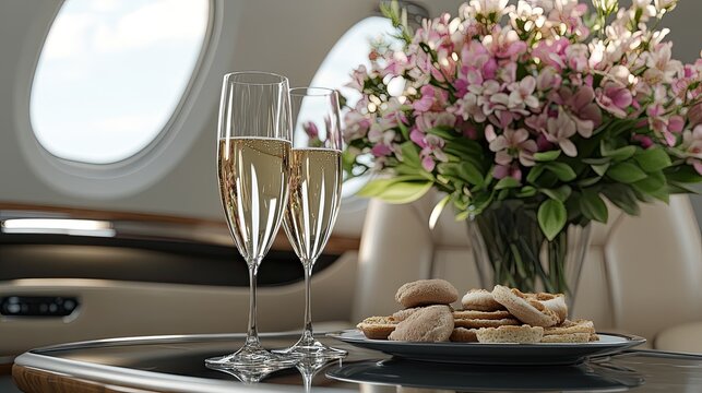 Inside a lavish private jet, plush seats accompany a table adorned with gourmet snacks and champagne, showcasing luxury travel living - Powered by Adobe