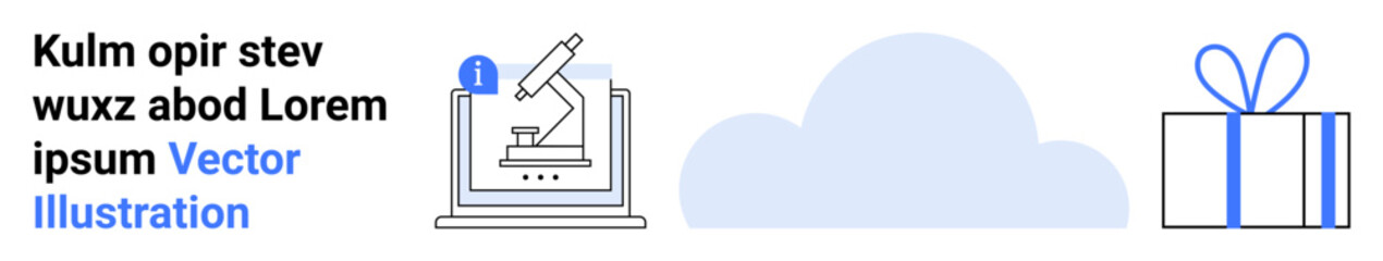 Microscope on laptop symbolizes scientific research cloud represents cloud computing present denotes a reward or gift. Ideal for tech, education, science, data storage, cloud services, research