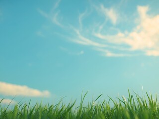 Fototapeta premium Fresh Green Grass Under Bright Blue Sky with Soft White Clouds Above