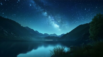 Scenic Night Sky with Milky Way Over Mountain Lake and Forest Reflections
