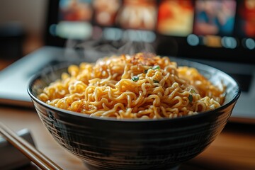 Steaming bowl of noodles, perfect comfort food for a relaxing evening.