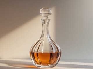 Elegant crystal decanter casting shadows with amber liquid in sunlight
