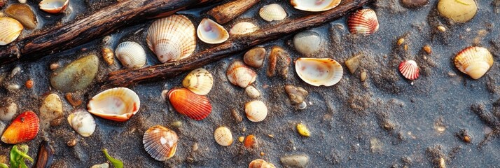 Colorful seashells and driftwood on a sandy beach showcasing coastal beauty
