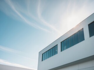 Obraz premium Modern industrial building exterior with large windows under clear sky