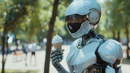 Fototapeta premium Close-up, profile portrait of humanoid female robot with ice cream in hand walking in the park. 3d illustration. Concept of future technologies and robotics. A robot eats ice cream on a hot summer day