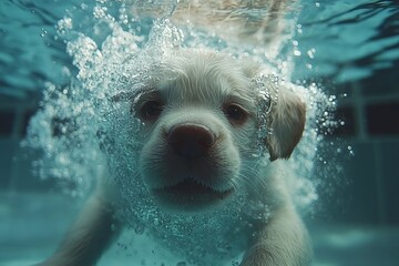 Puppy joyfully splashes in a swimming pool during a sunny afternoon swim session