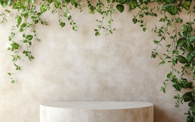 Abstract beige background with a podium for product presentation, a mockup of a natural stone surface, and greenery on the wall, a minimal concept, close-up, banner design,