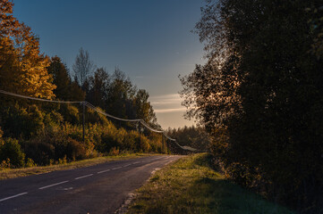 Obraz premium Soft light of the setting evening sun reflects on power lines along an asphalt country road
