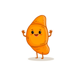 Happy cartoon croissant isolated on whute background. Cute croissant in flat style. 