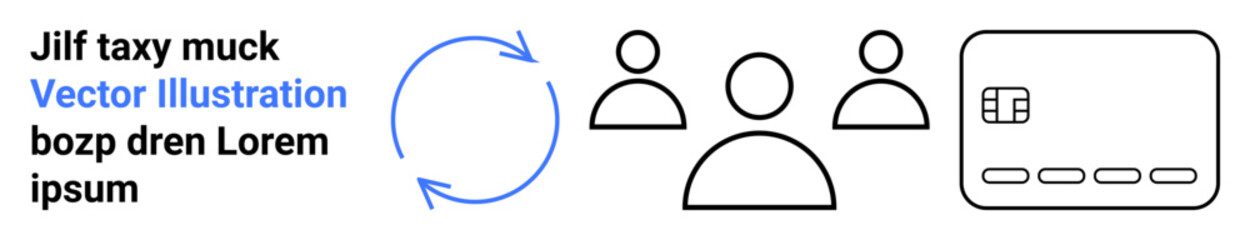 Three outline human figures next to a rotating cycle arrow and payment card. Ideal for teamwork, finance, transaction processing, collaboration, project management, business cycles, industry