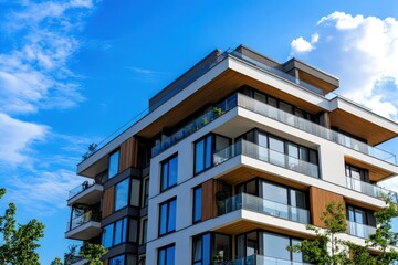 Obraz premium A tall apartment building with many balconies under a blue sky