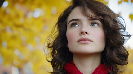 Fototapeta premium Stunning Woman with Brown Curly Hair Gazing Upward in Autumnal Setting