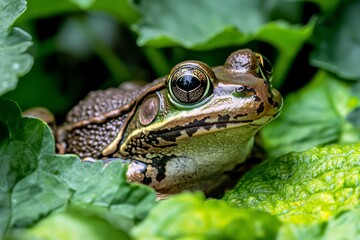 Obraz premium Close-Up View of a Brown and Green Frog Camouflaged in Lush Green Leaves Surrounded by Nature's Beauty in a Fresh Environment
