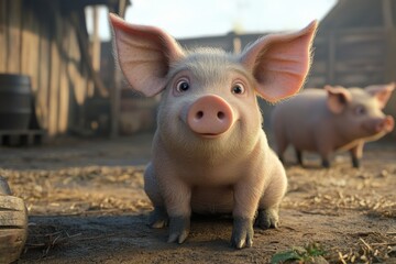 A pig is comfortably sitting on the ground and is looking at the camera