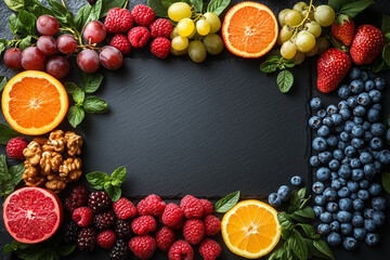 Kitchen board with black stone texture, colorful fruits and berries on edges, empty space for text, top view banner