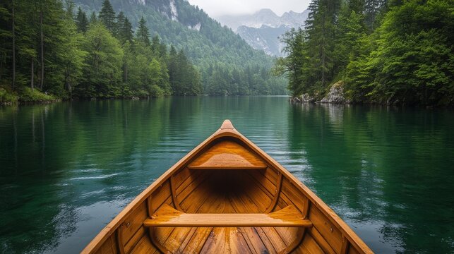 Majestic canoe trip on a tranquil lake surrounded by mountains and pine trees