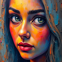 Vibrant Abstract Portrait of Woman with Expressive Eyes in Multicolored Texture, Colorful abstract painting showcasing a woman's face with green eyes, expressive features, and textured multicolored st