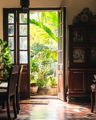 Sunlight Streams Through Open Door Revealing Lush Tropical Garden Tranquil Interior Scene