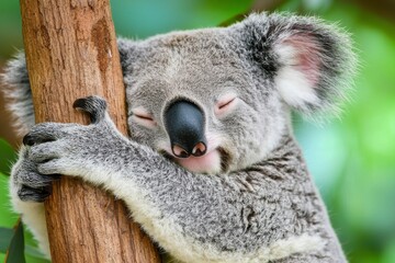 Fototapeta premium Adorable koala bear peacefully resting and hugging a tree trunk in a lush green environment showcasing its soft fur and serene expression in natural habitat