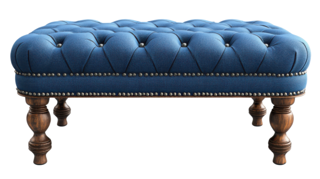blue tufted ottoman bench isolated on white background 