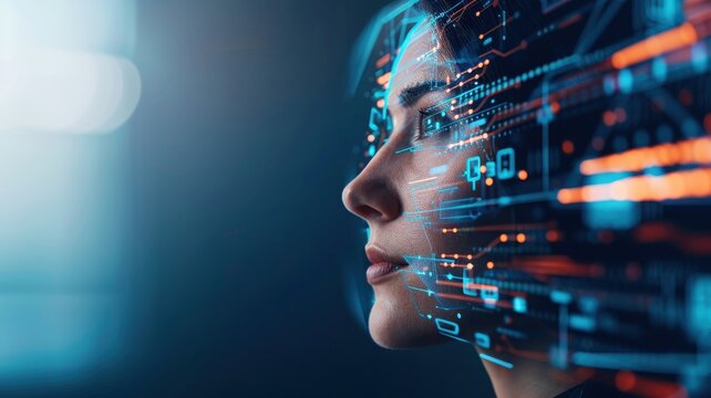 A digital composite of a woman's profile with data visualization overlays, blending technology and human expression in a futuristic setting.