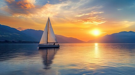 Sailboat at sunset, calm lake, mountains.