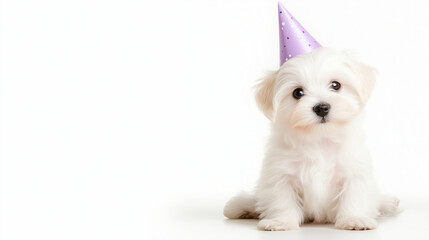 Obraz premium Adorable Puppy in Party Hat: A fluffy white puppy, possibly a Maltese, sits wearing a lavender party hat, looking sweetly at the camera.