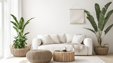A cozy Scandinavian-style apartment featuring minimalist furniture, white walls, and indoor plants adding a touch of green.