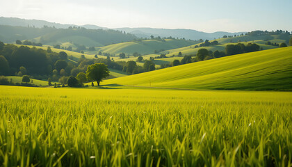 Green Meadow Landscape with Rolling Hills and Lush Countryside Views