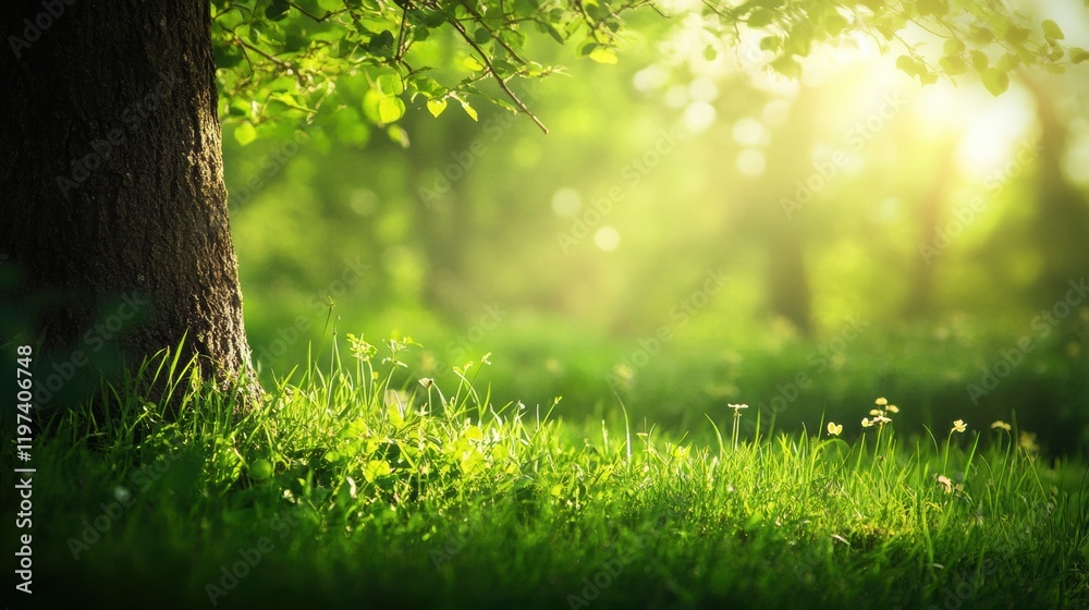 Fototapete sunlight filters through leaves illuminating a lush green landscape with ample space for text and ex