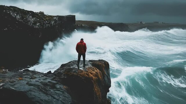 back view of man standing on cliff over stormy sea