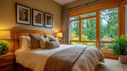 A cozy bedroom with warm wood accents, soft textiles, and a large window offering a garden view.