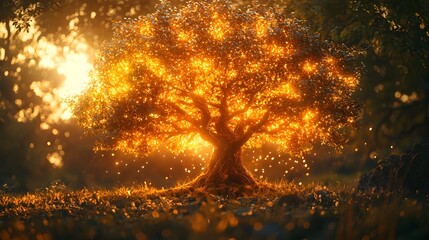 Glowing Tree of Life Radiating Knowledge and Wisdom in Open Meadow