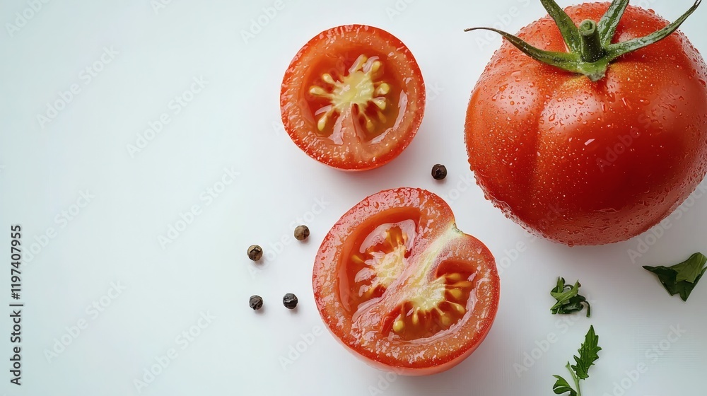 Poster isolated on white background a halved tomato with visible seeds and a glistening surface stock photo