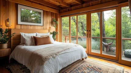 A cozy bedroom with warm wood accents, soft textiles, and a large window offering a garden view.