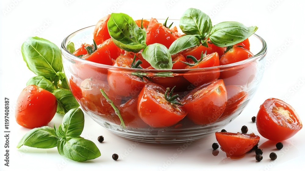 Poster isolated on white background a bowl of diced tomatoes neatly arranged for cooking preparation stock 